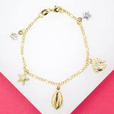 18K Gold Filled Dangle Star Cz Puka Shell Fish Charm Bracelet (XX15)