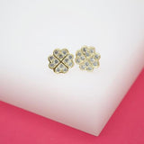 18K Gold Filled Four Leaf Clover Stud Earrings With Micro CZ Cubic Zirconia Stone (L104)