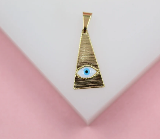 A textured gold triangular pendant features an enamel evil eye design in the center.