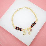 18K Gold Filled Azabache Chain Bracelet With Elephant, Evil Eye, Protection Charm (I88)