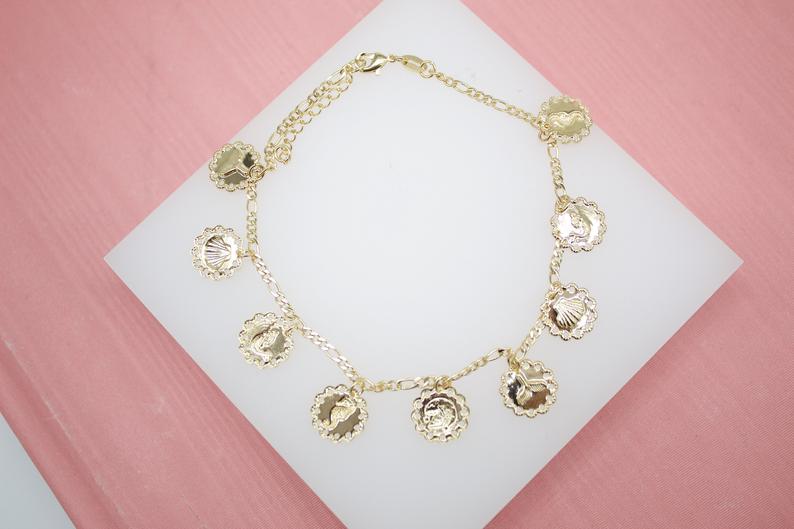 18K Gold Filled Beach Sea Shell, Mermaid, Sea Horse, Whale Tail Charm Anklet (E203)