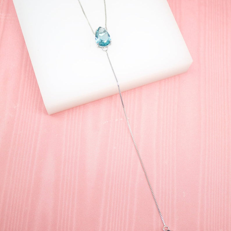 18K Gold Filled Dainty Dangle Lariat Necklace With Red Green Blue Black Tear Drop CZ Stones (G162)