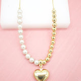 18K Gold Filled 1mm Mouse Tail Chain Necklace With A Heart Pendant, Pearls & Gold Beads (F248)