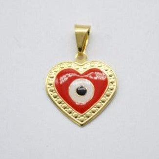 A gold heart-shaped pendant features a vibrant red enamel background surrounding a protective blue and white evil eye symbol.