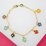 18K Gold Filled Dangle Multicolor CZ Four Leaf Clover Figaro Bracelet (XX15)
