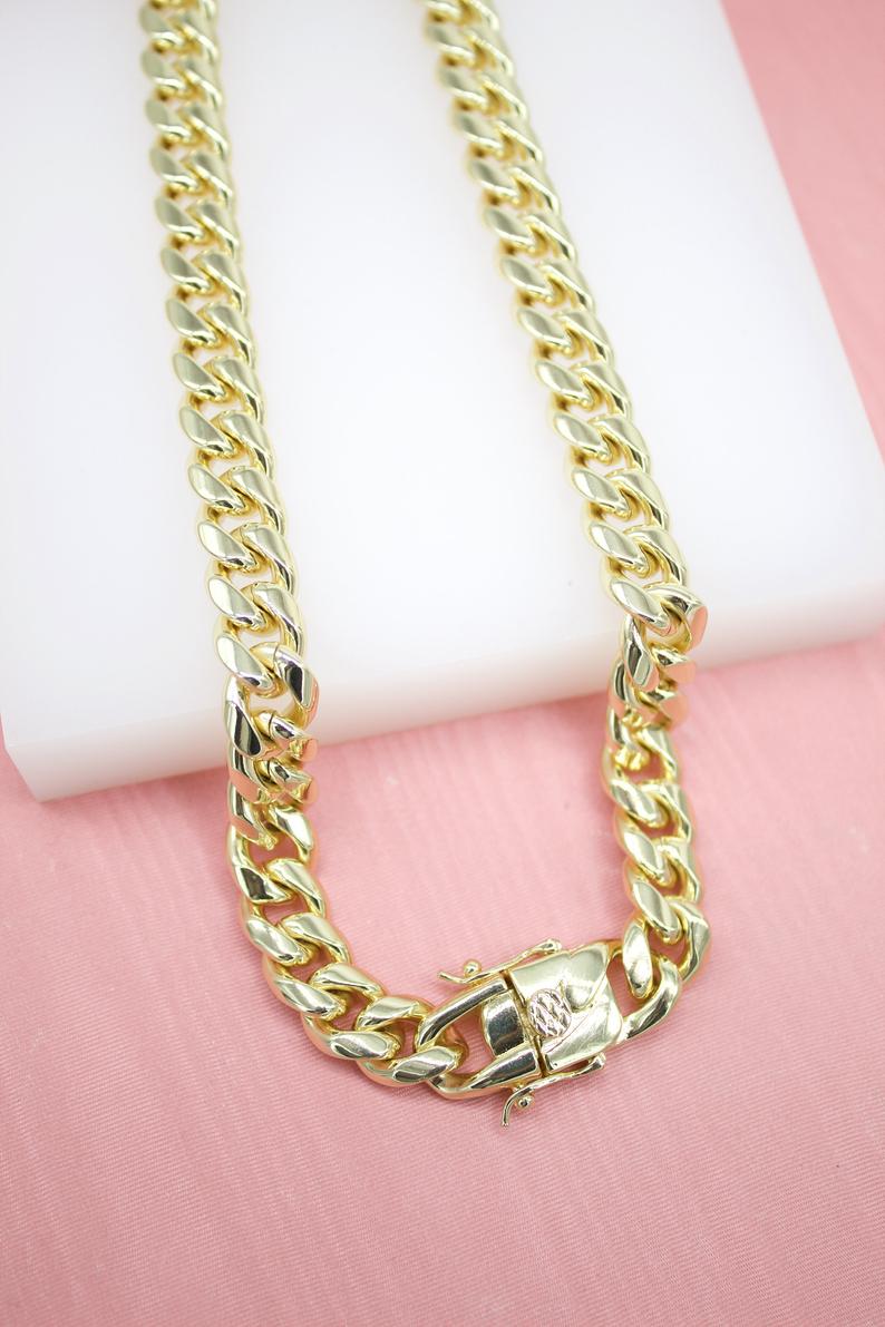18K Gold Filled 10mm Thick Curb Cuban Necklace Chain (F43-44,46-48)