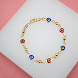 18K Gold Filled Red And Blue Evil Eye Chain Bracelet (I222)