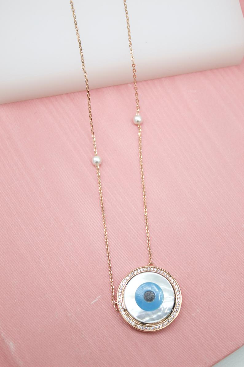 18K Gold Filled Evil Eye Necklace With CZ Stones And Pearls (G106)