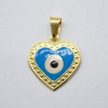 A gold heart-shaped pendant features a blue and white evil eye design in the center.