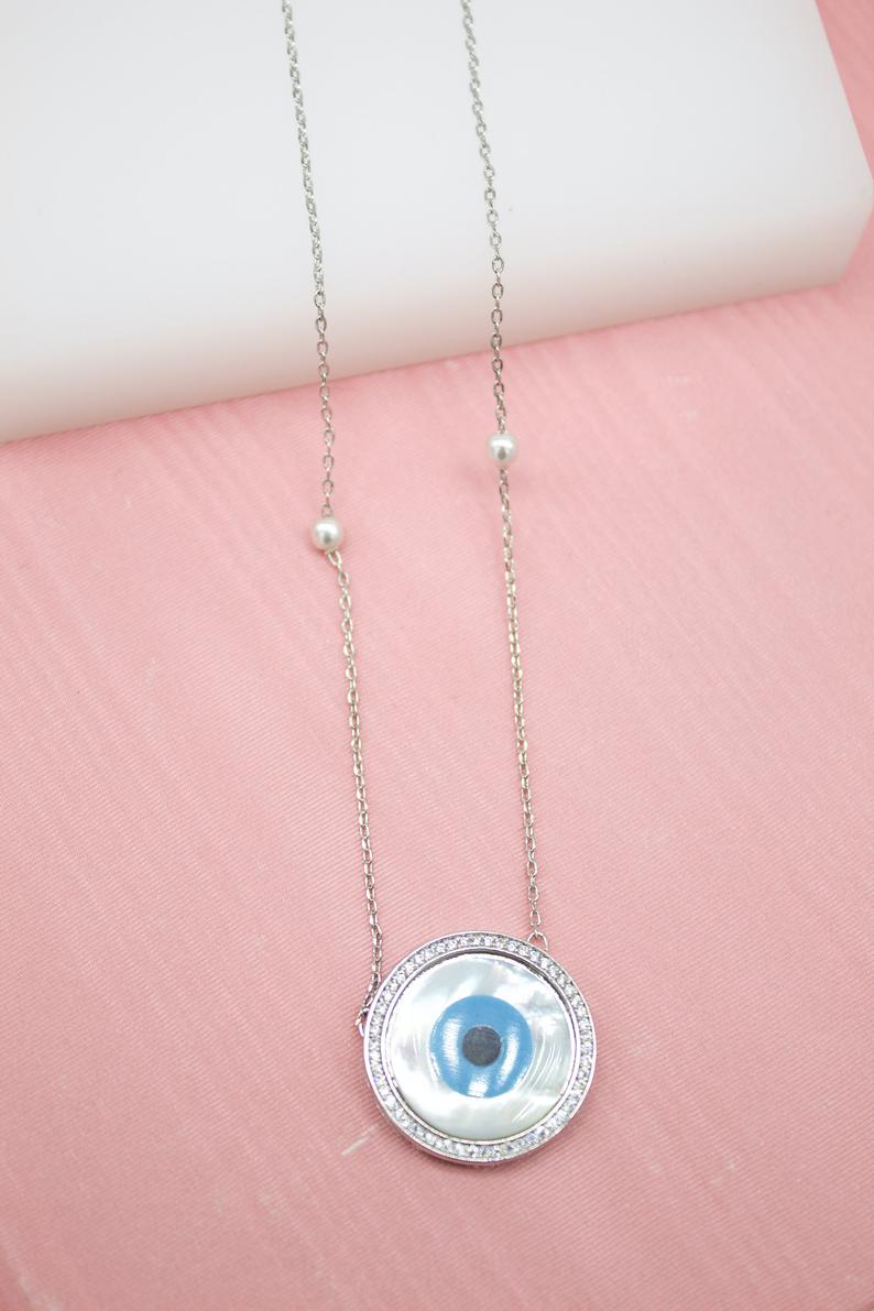 18K Gold Filled Evil Eye Necklace With CZ Stones And Pearls (G106)