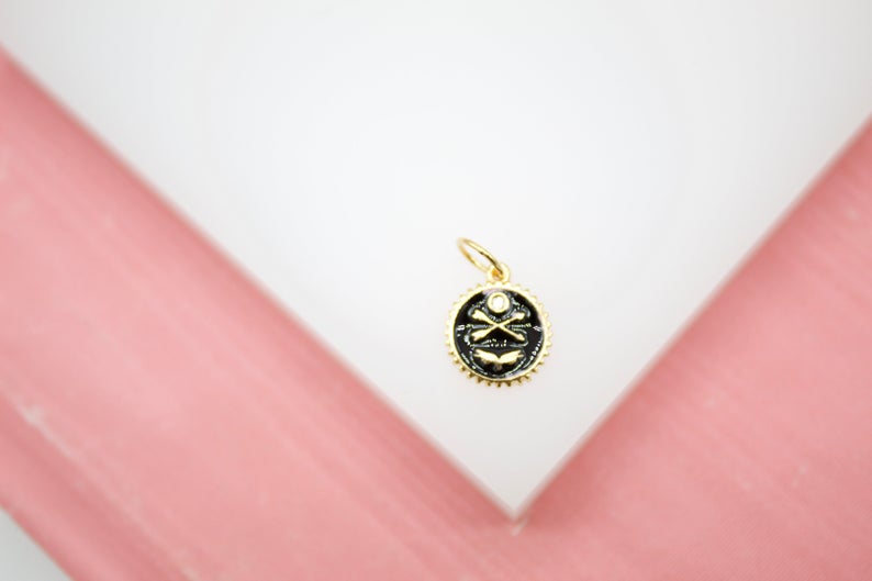 Round Enamel Arrows Wings Coin Charm With CZ Stone (A57A)