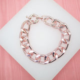 18K Gold Filled Pink Chunky Thick Curb Cuban Link Chain Bracelet (XX8)