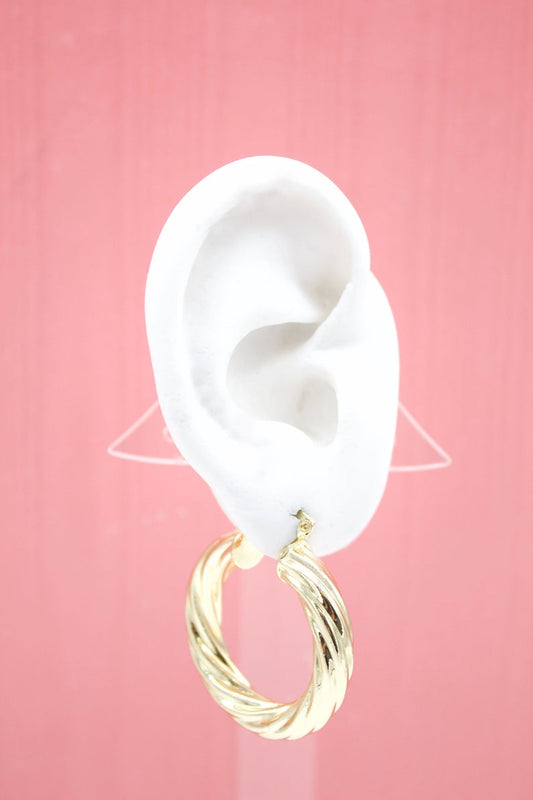 A white display ear model showcases a thick, twisted gold hoop earring against a soft pink background.