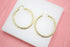 Two polished gold twisted hoop earrings rest side by side on a white display surface.