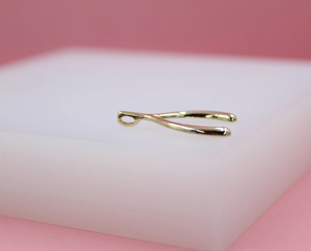 A polished gold wishbone charm rests on a white display surface against a pink background.