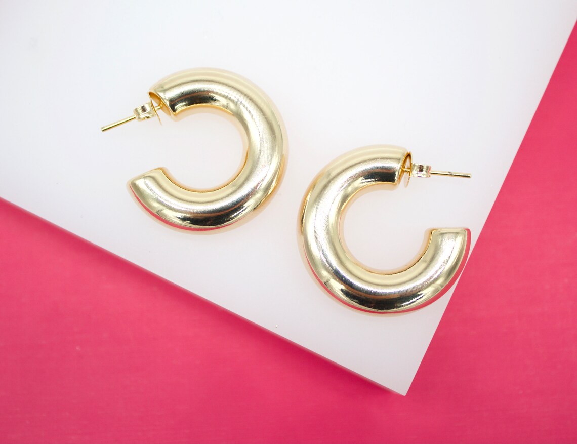 18K Gold Filled 7mm Chunky Thick Open Hoop Stud Hoops Earrings (J62)(J63)