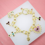 Gold Filled Heart Cross Multicolor CZ Stone Charms Bracelet (I206)