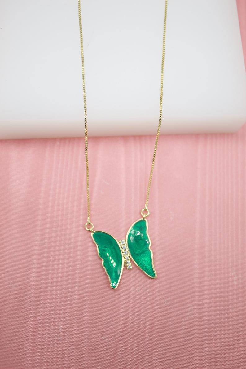 18K Gold Filled Green Blue Orange Butterfly Dainty Delicate Necklace With CZ Stones (G133)