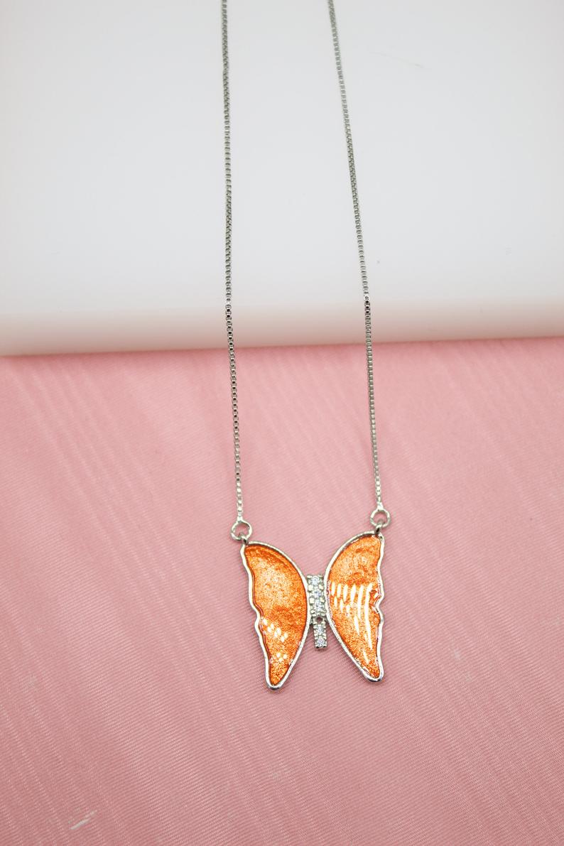 18K Gold Filled Green Blue Orange Butterfly Dainty Delicate Necklace With CZ Stones (G133)