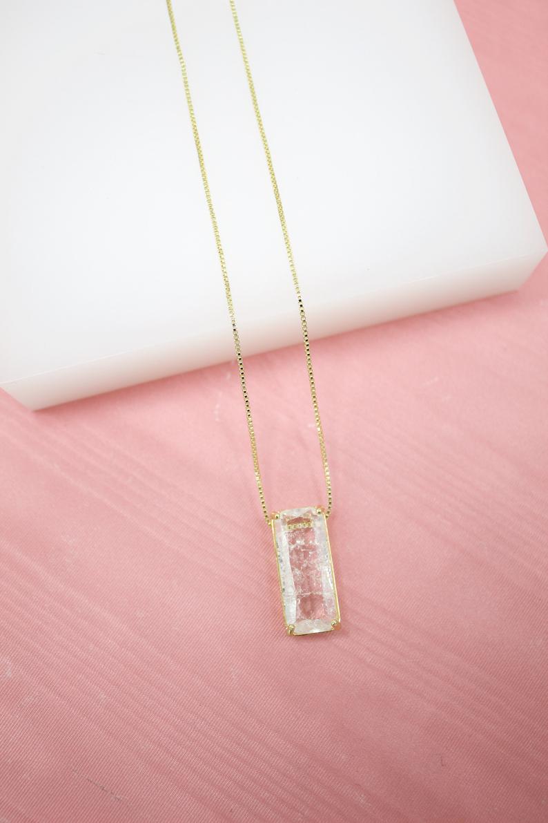 18K Gold Filled Clear Rectangle Gemstone Crystal Natural Stone Pendant Necklace (G220)