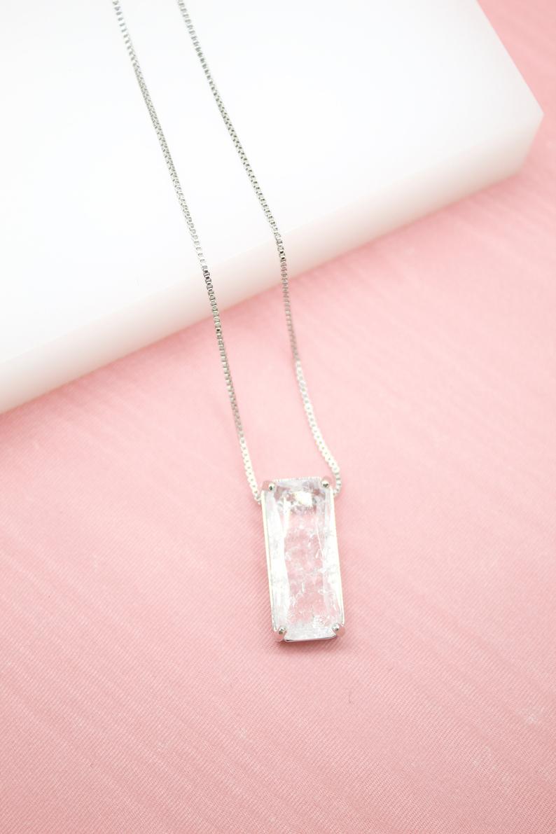 18K Gold Filled Clear Rectangle Gemstone Crystal Natural Stone Pendant Necklace (G220)