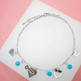 18K Gold Filled Heart Charm Blue Beaded Bead Anklet With Red Heart Stones (E105)