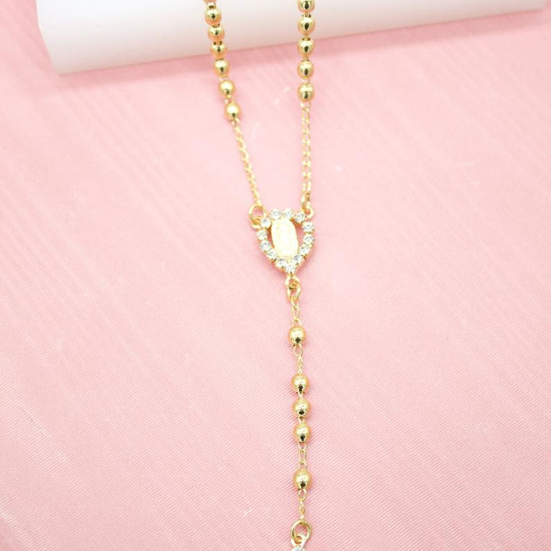 Catholic Gold Bead Rosary with CZ Crucifix & Virgin Mary Charm (G201A) (H112A)