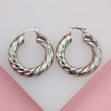 18K Rhodium Filled 8mm Twisted Textured Hoops Lever Back Earrings (J109)