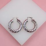 18K Rhodium Filled 8mm Twisted Textured Hoops Lever Back Earrings (J109)