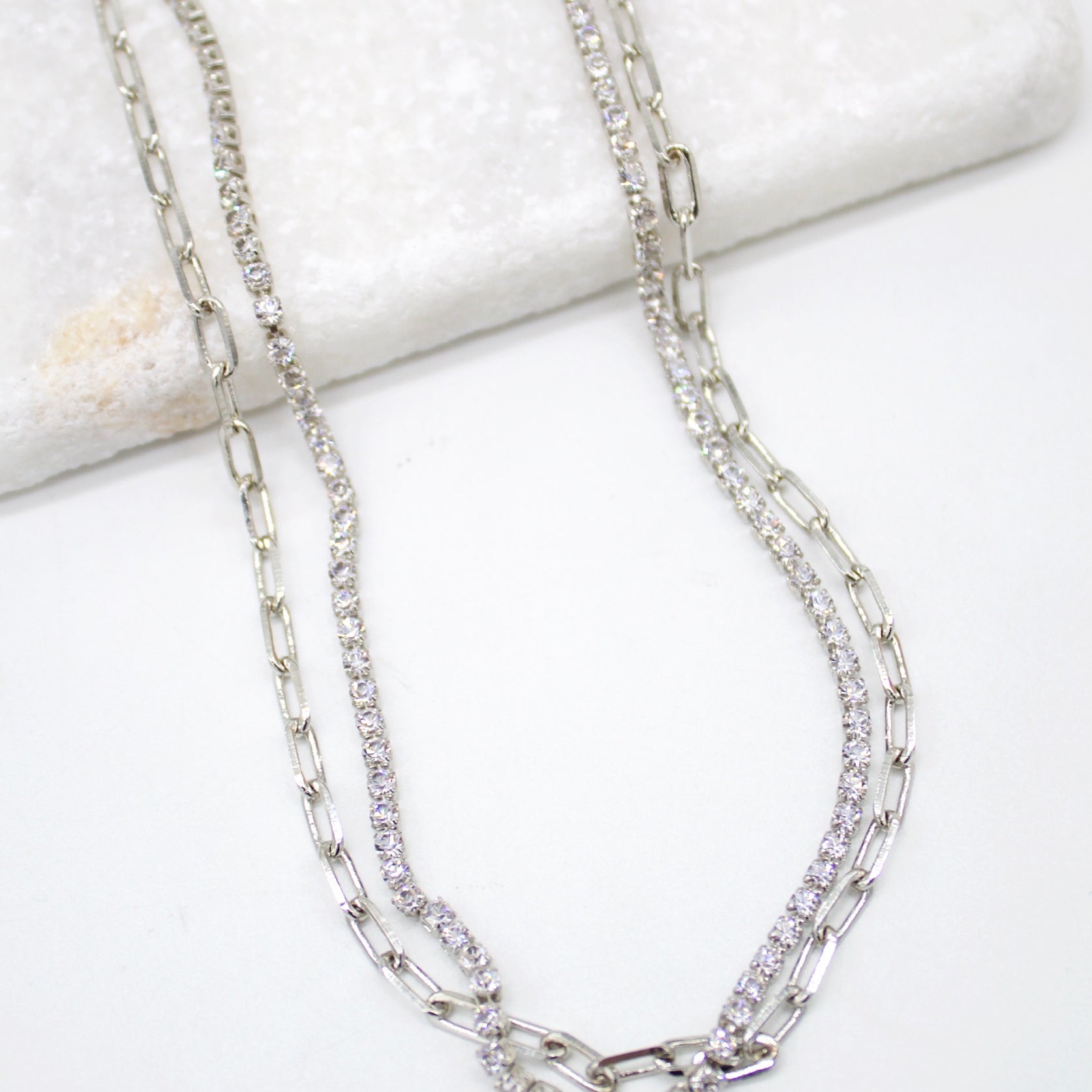 18K Gold Filled Layered Clear Round CZ Stones With Paper Clip Chain Necklace (H3)