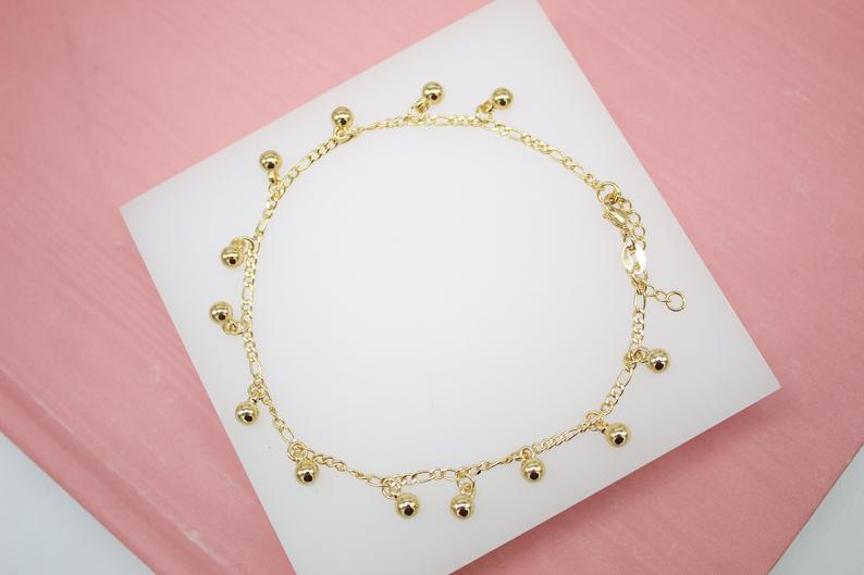 18K Gold Filled Dangly Beaded Charm Anklet (E132)