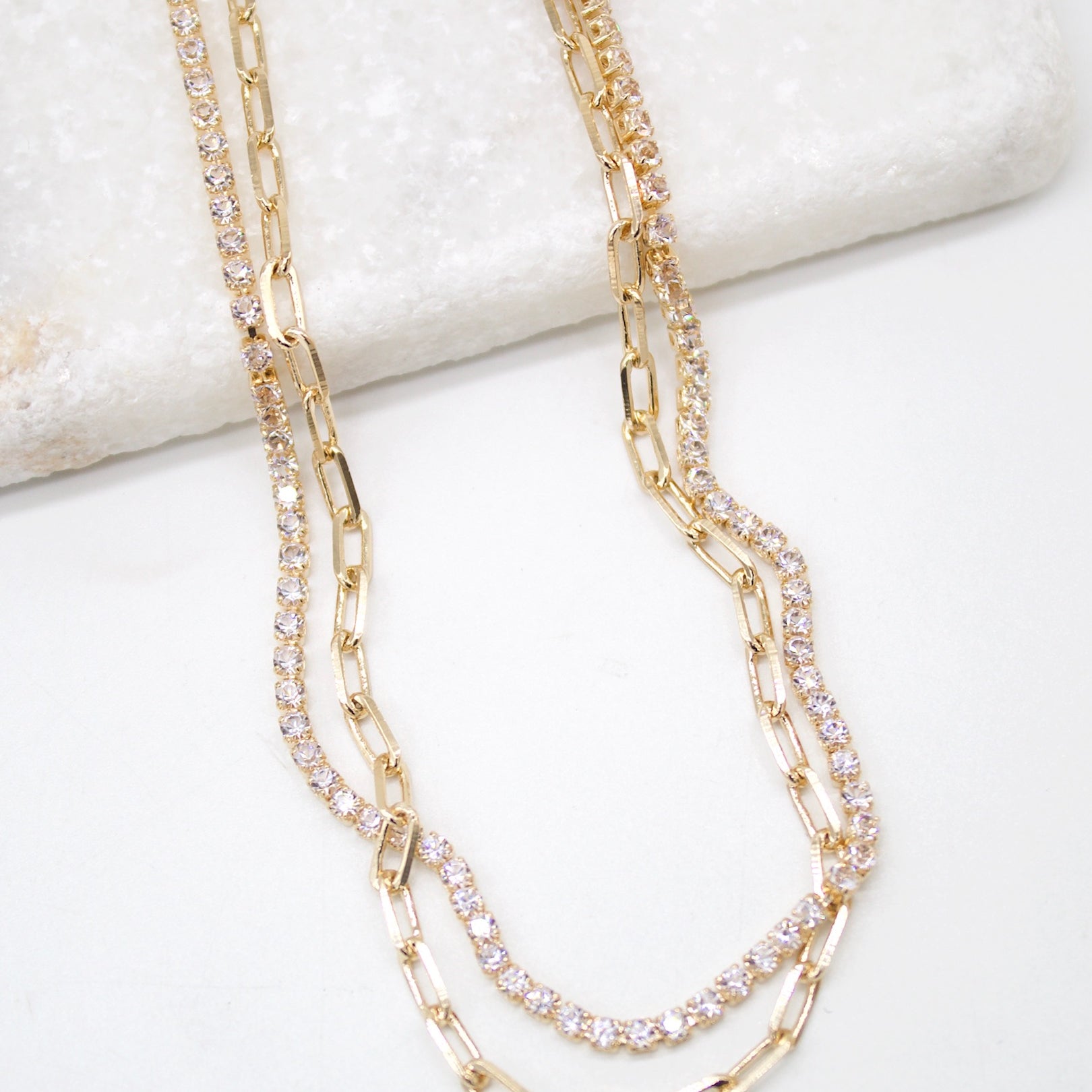 18K Gold Filled Layered Clear Round CZ Stones With Paper Clip Chain Necklace (H3)