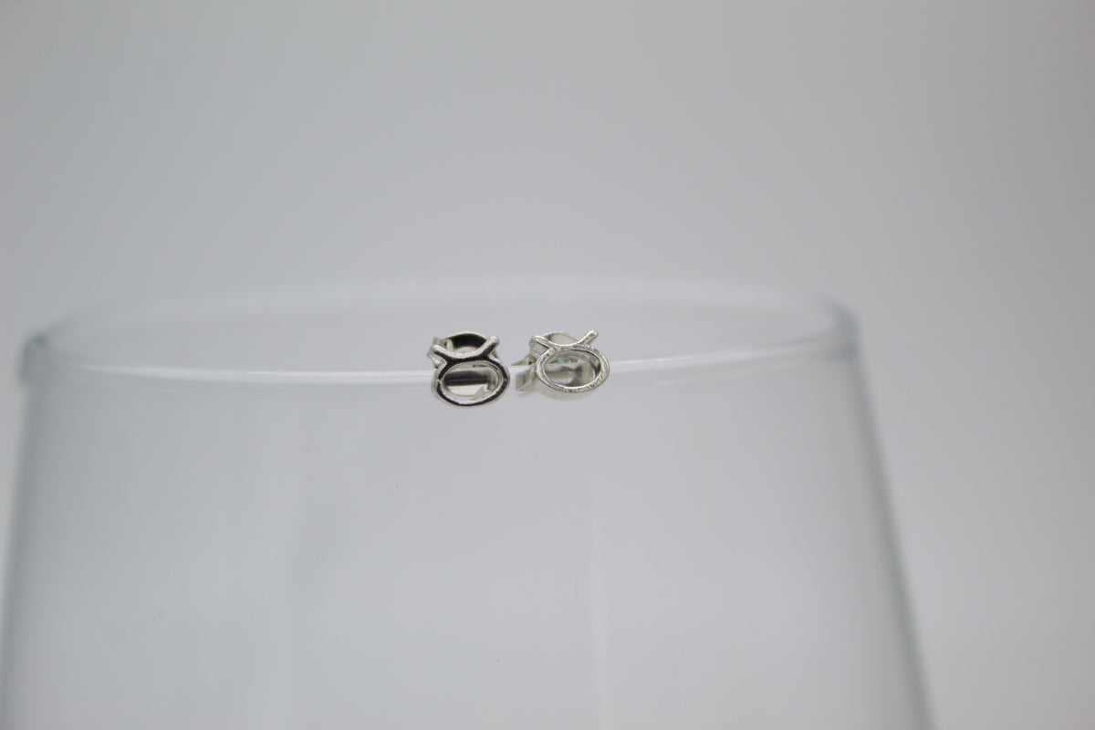 A pair of silver Taurus zodiac sign stud earrings rests on the rim of a clear glass against a neutral background.