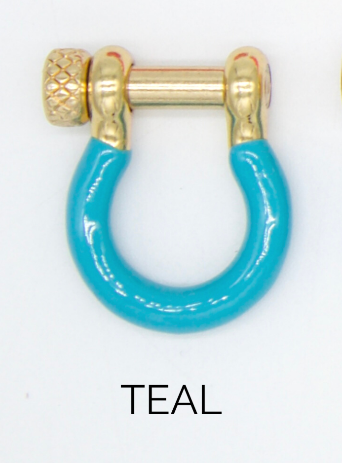 A glossy teal U-shaped shackle featuring a polished gold pin and screw cap rests against a white background with the word TEAL printed underneath.