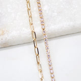 18K Gold Filled Layered Clear Round CZ Stones With Paper Clip Chain Necklace (H3)