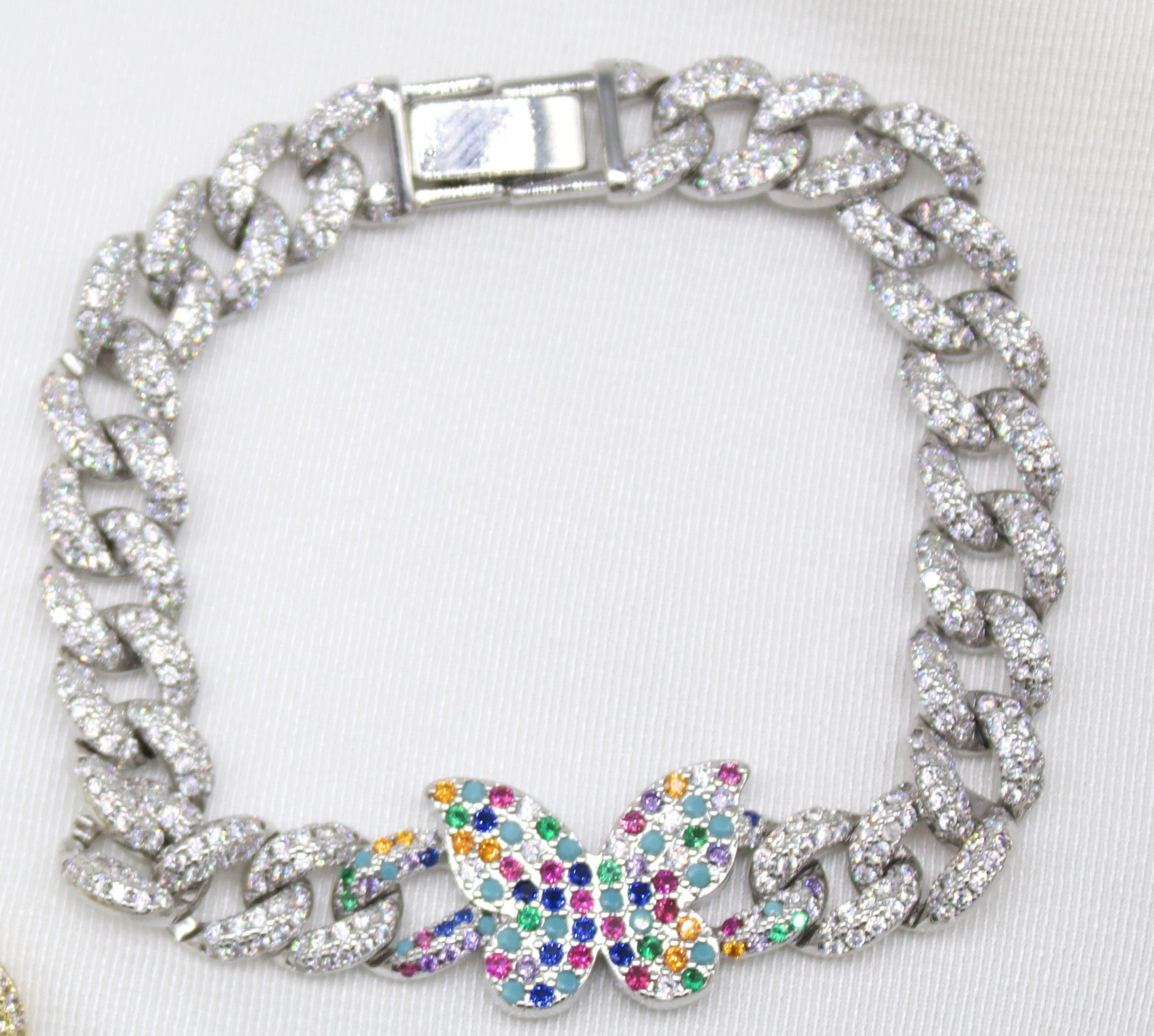 8mm Cuban Multi Color Micro Pave CZ Bracelet With Butterfly Charm (I20)