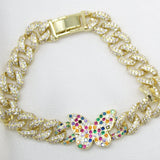 8mm Cuban Multi Color Micro Pave CZ Bracelet With Butterfly Charm (I20)