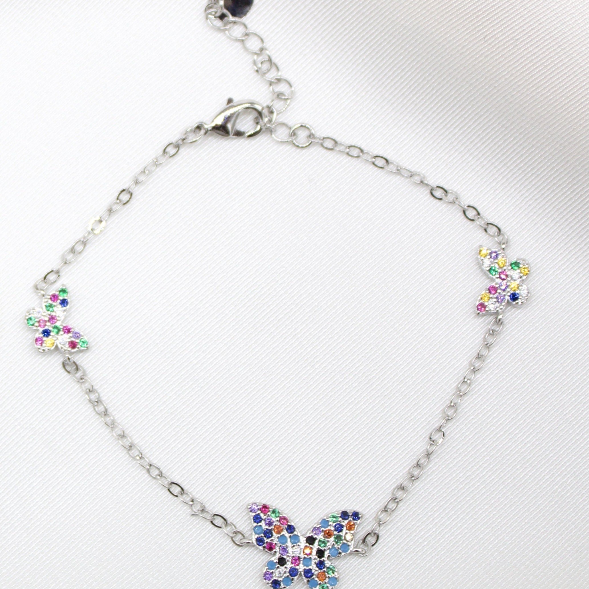 18K Gold Filled Rolo Bracelet With Multicolor Micro Pave Butterfly Charms (I11)