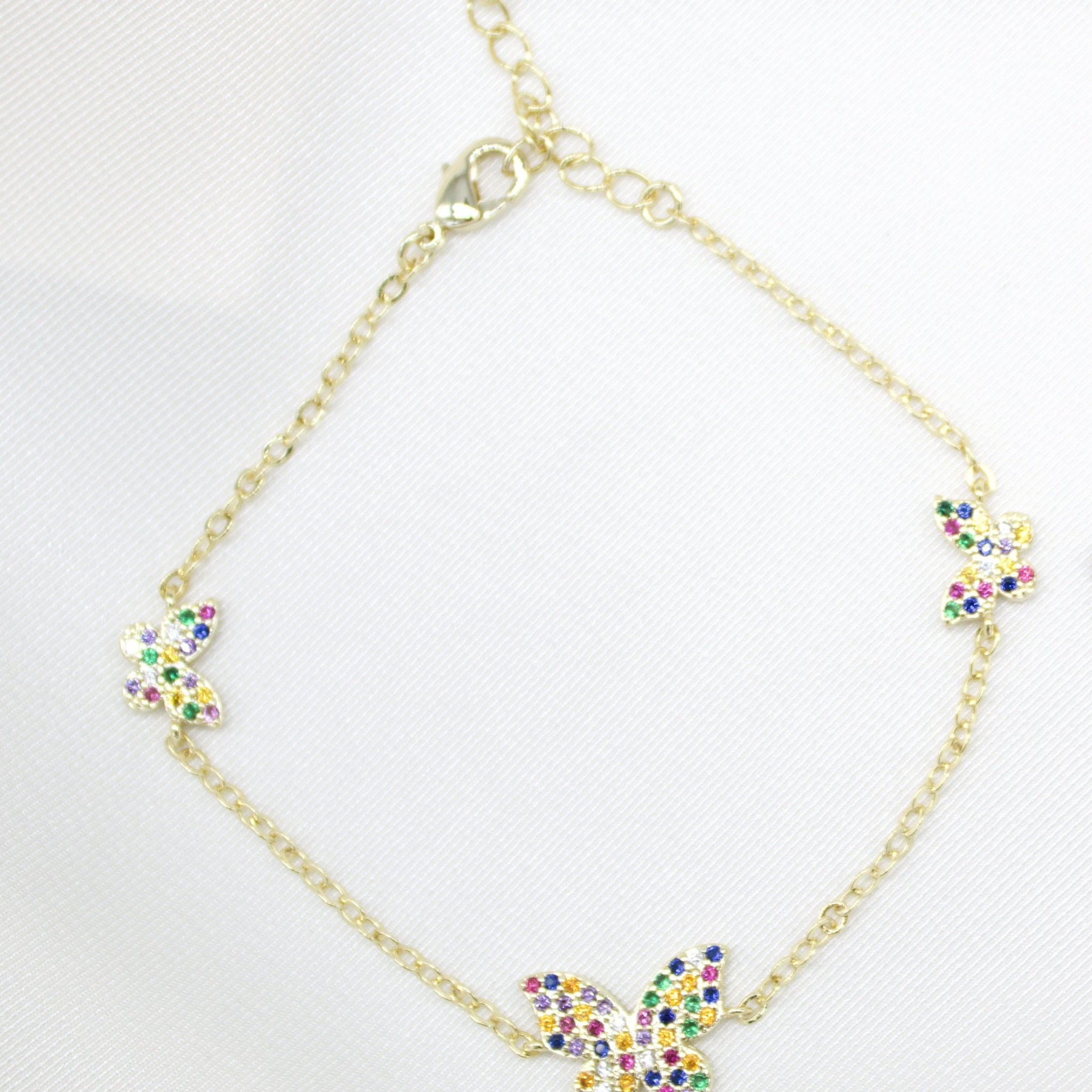 18K Gold Filled Rolo Bracelet With Multicolor Micro Pave Butterfly Charms (I11)