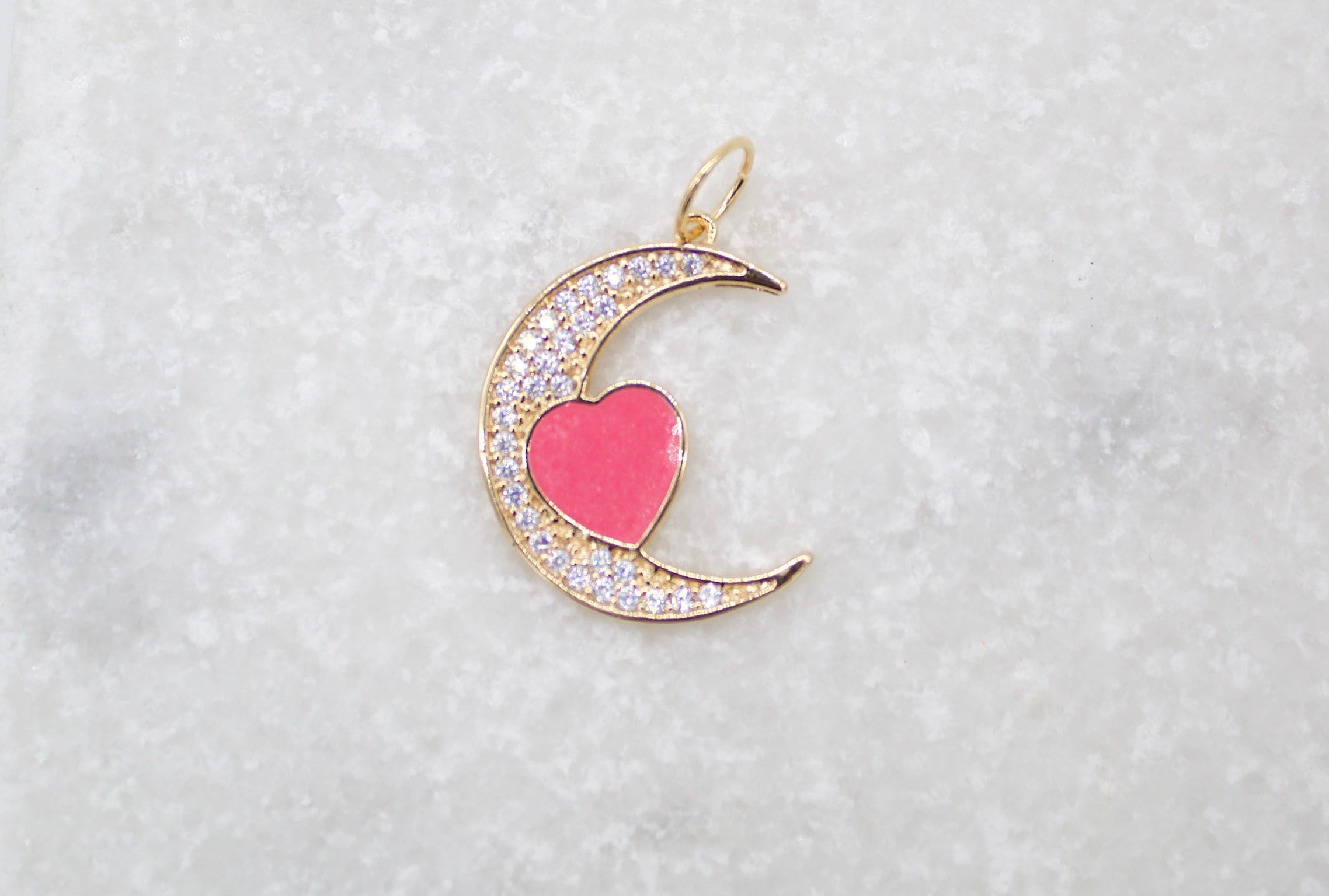 18K Gold Filled CZ Crescent Moon With Enamel Heart Pendant