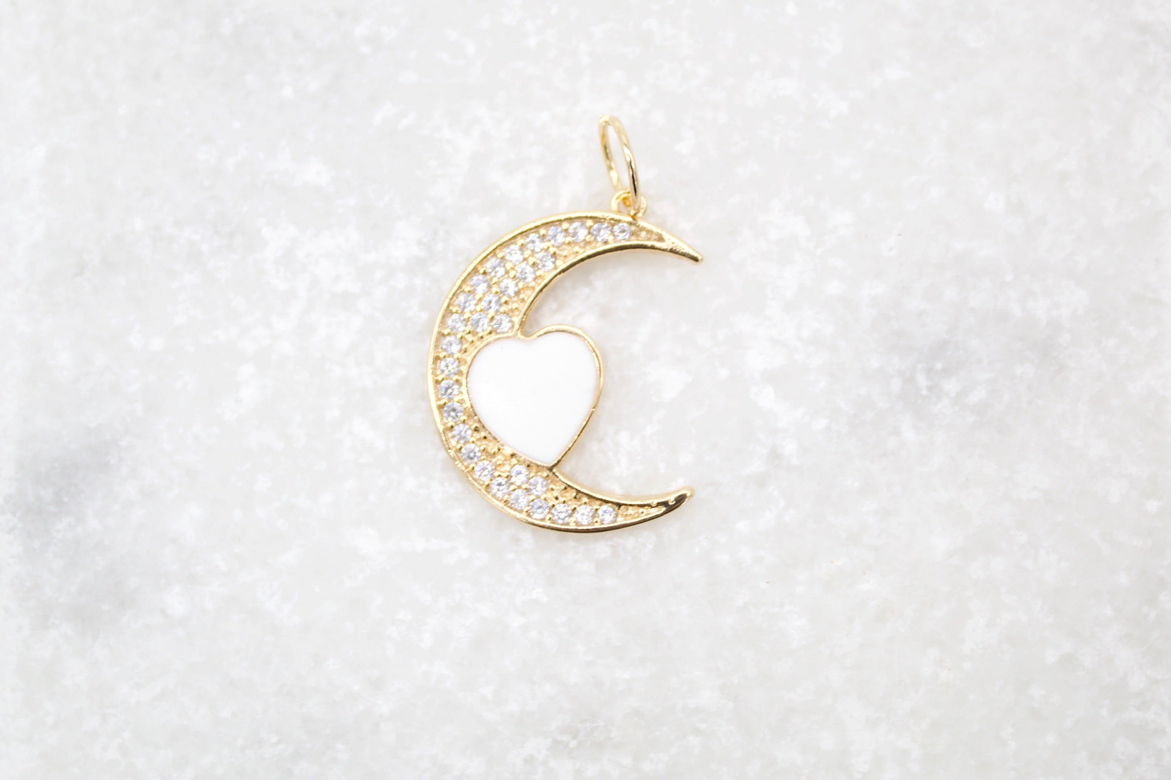 18K Gold Filled CZ Crescent Moon With Enamel Heart Pendant