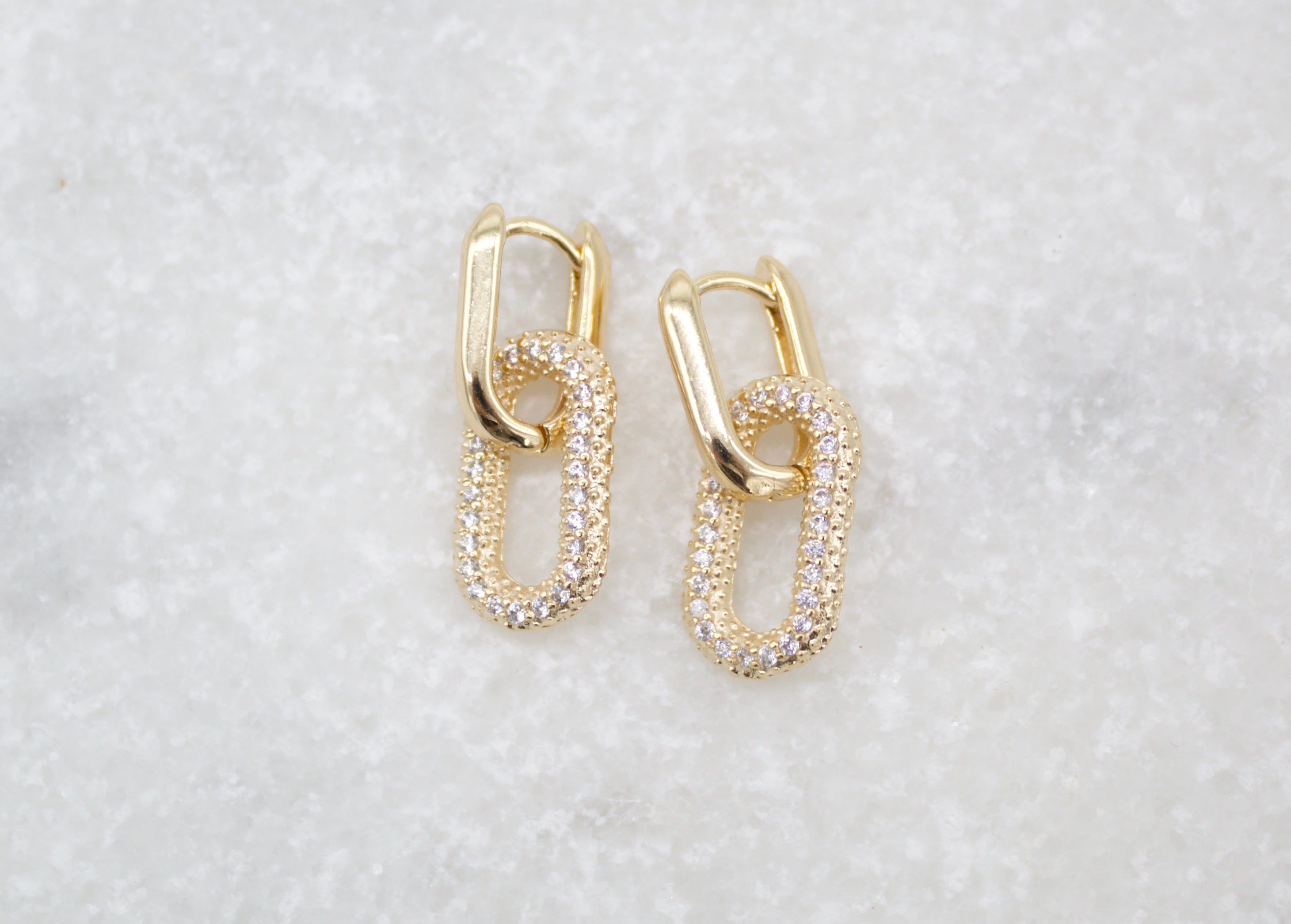 18K Gold Filled Huggies Link Dangle Drop Earrings With CZ Cubic Zirconia Stones (L205)