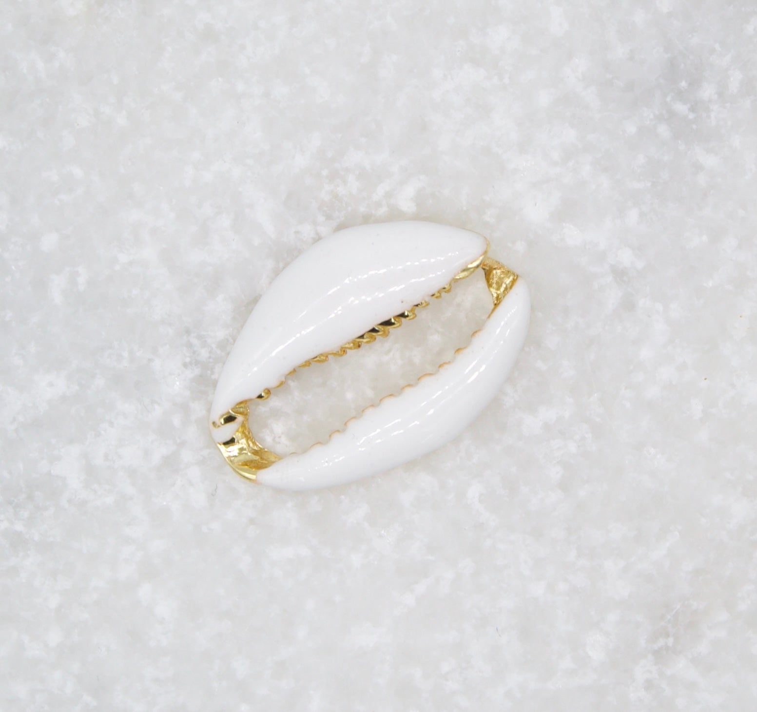A glossy white cowrie shell with gold trim rests on a textured white marble surface.