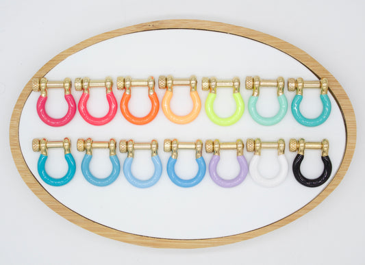 A neat display of colorful enamel U-shaped horseshoe shackles with gold screw pins arranged in two rows on a white wooden board.