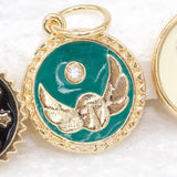 Round Enamel Flying Beetle Charm Coin With CZ Stone