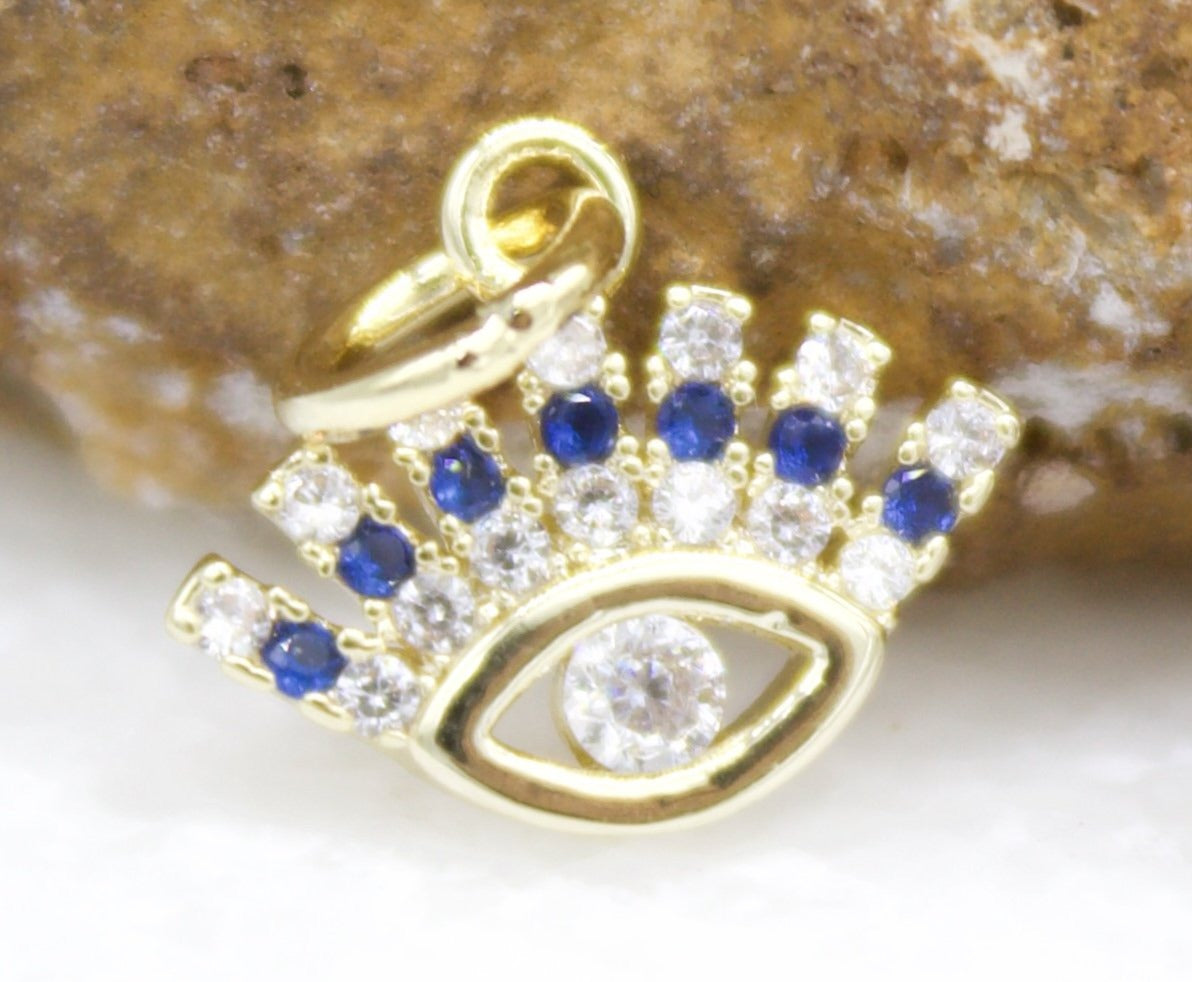18K Gold Filled Tiny Evil Eye Charm Pendant With Blue and Clear CZ Stones Stone (A92)
