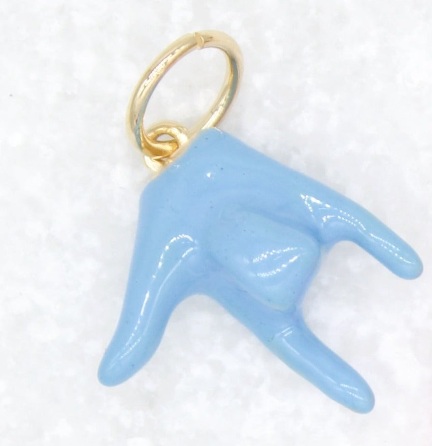 A glossy baby blue enamel ASL "I love you" hand sign charm dangles from a polished gold jump ring.