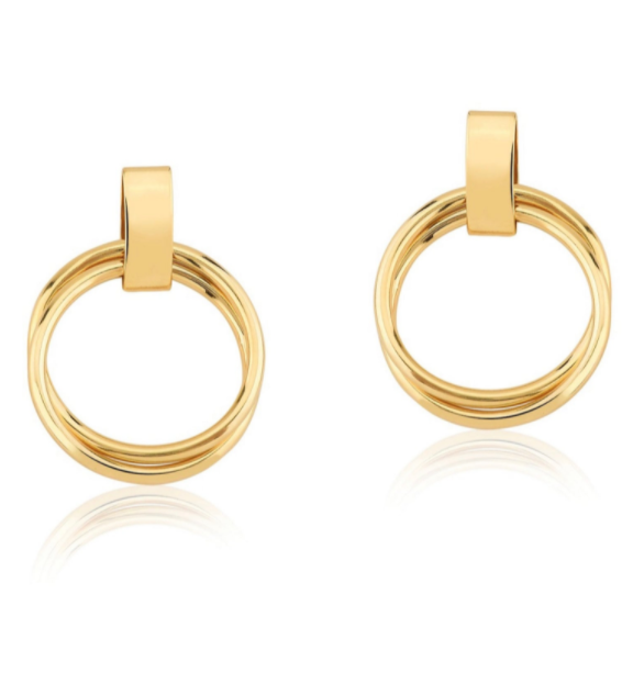 A pair of polished gold hoop earrings hangs against a clean white background, showcasing their double-ring design and secure clasp.