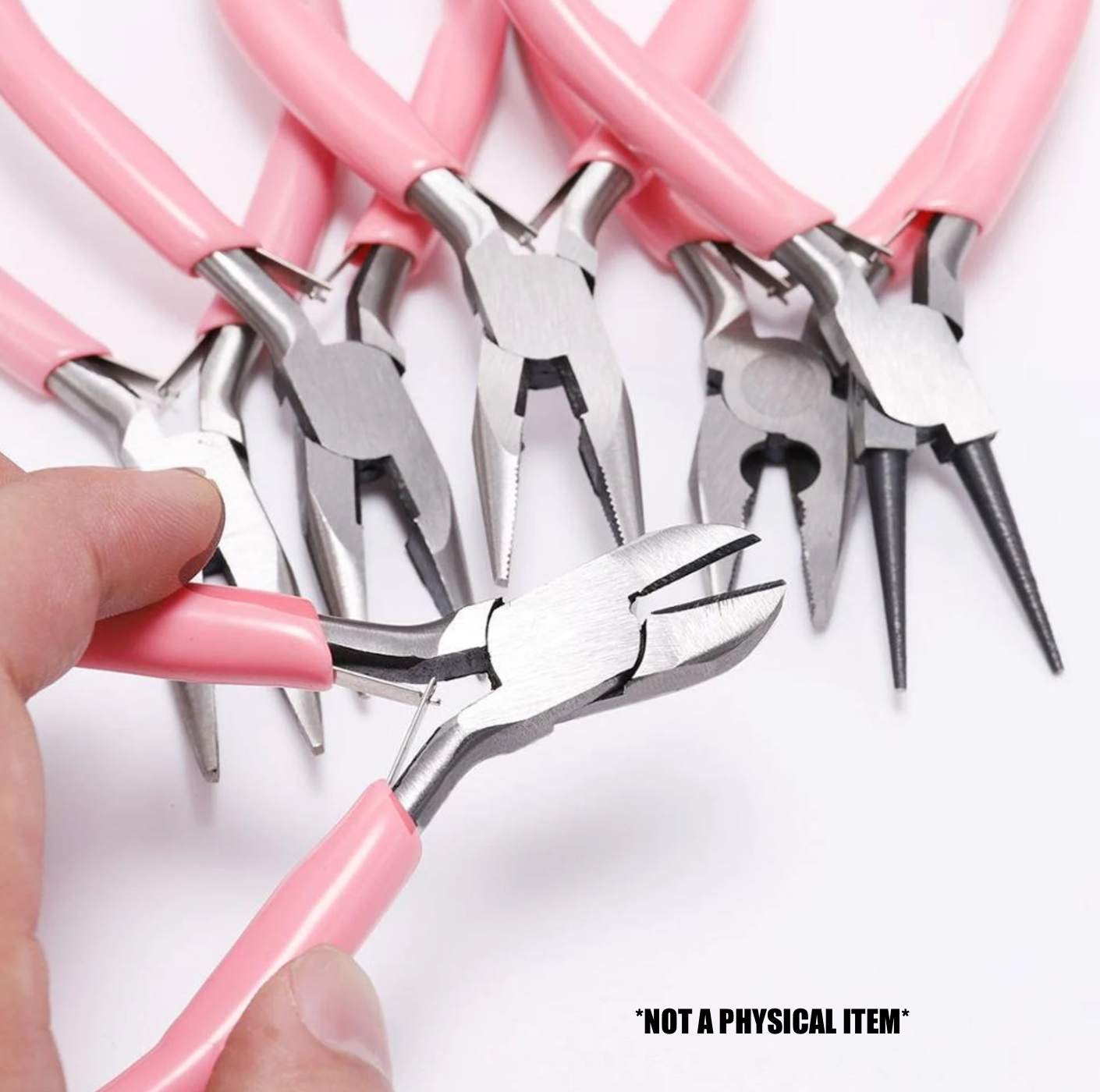 A hand holds a pair of pink-handled wire cutters, with a variety of jewelry pliers arranged in the background.