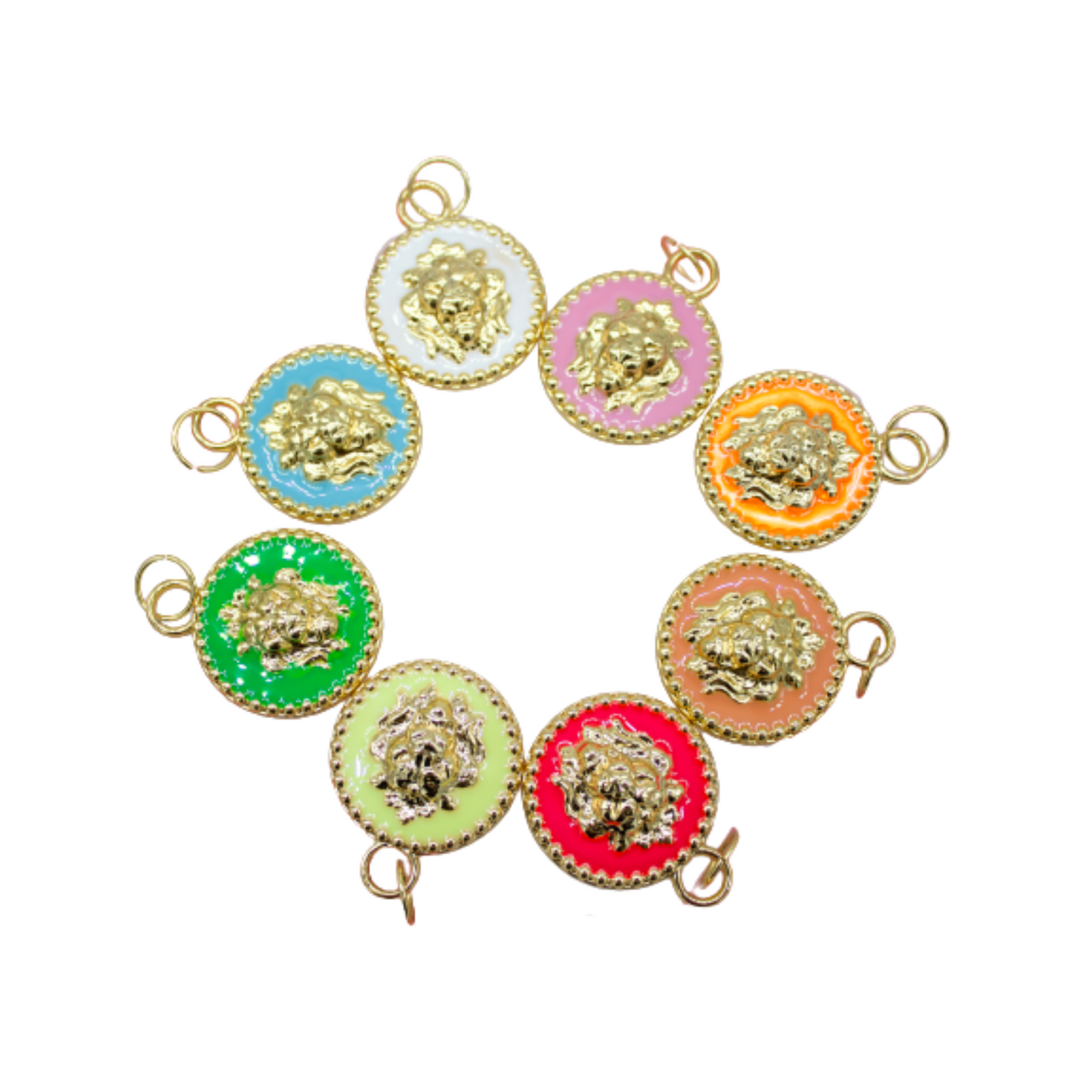 A collection of vibrant enamel lion head charms in various colors, featuring gold-plated frames and jump rings, arranged in a circle on a white background.